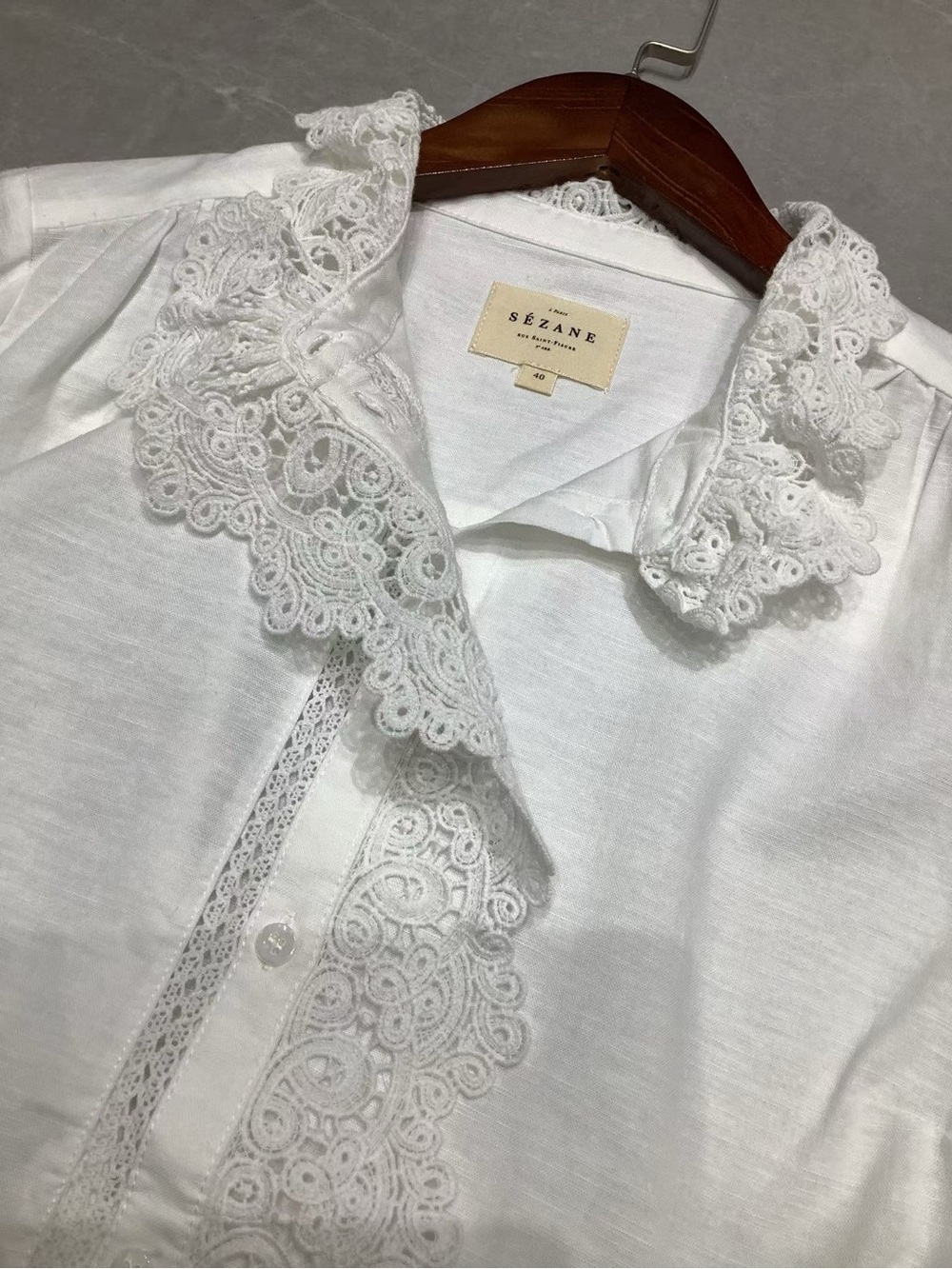 SEZANE CHLO SHIRT Lace-Trim Ruffled Blouse, S M L - Picture 9 of 12